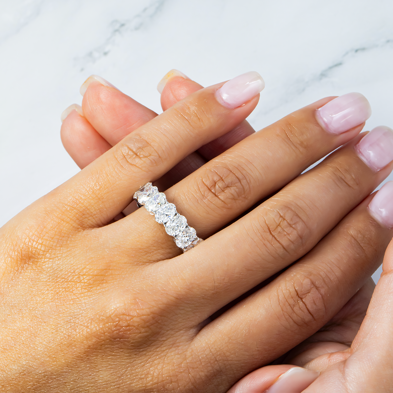 14k White Gold Oval Shaped Lab Diamond Eternity Ring 8.06 ctw