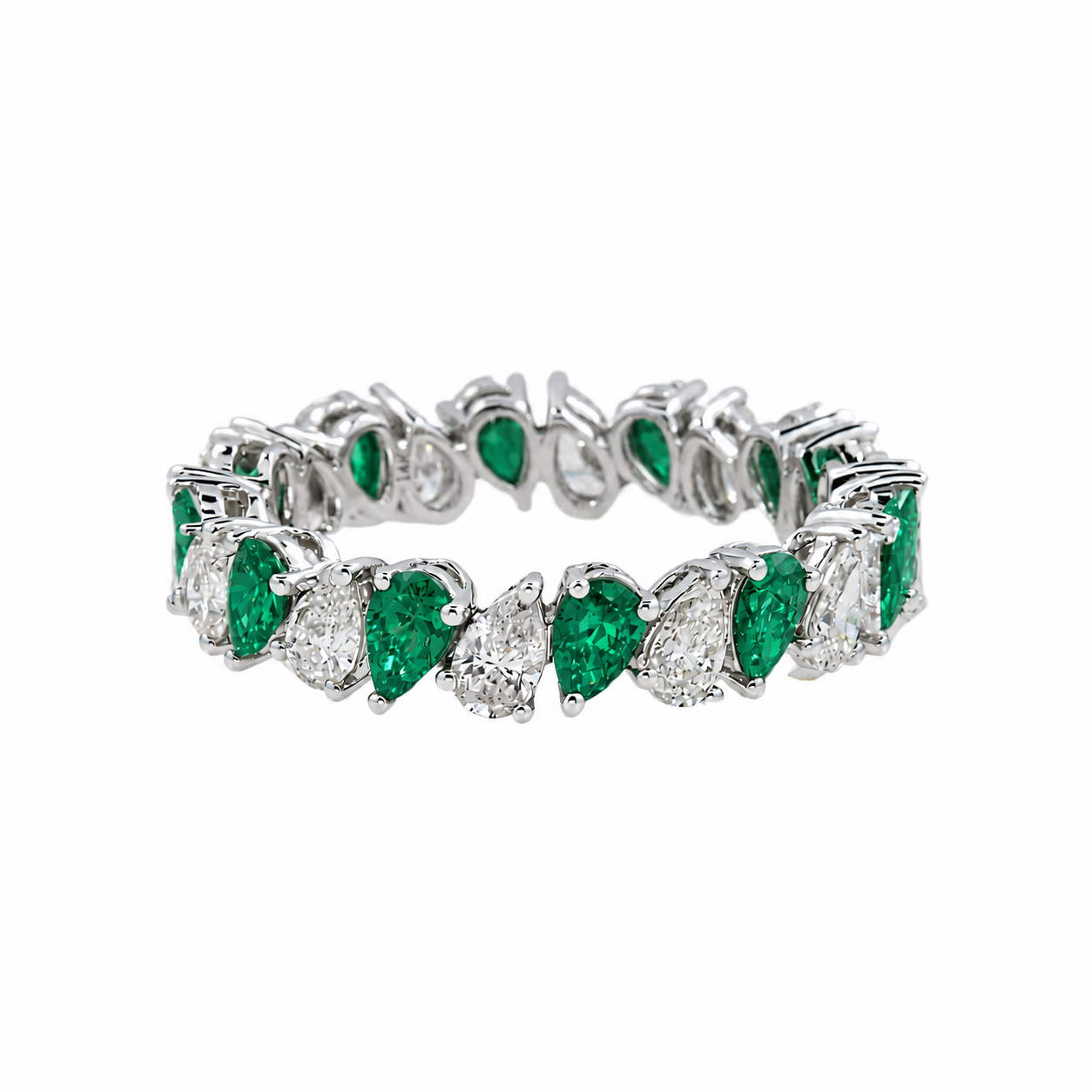 14k White Gold Pear Shaped Emerald & Lab Diamond Eternity Ring 2.84 CTW