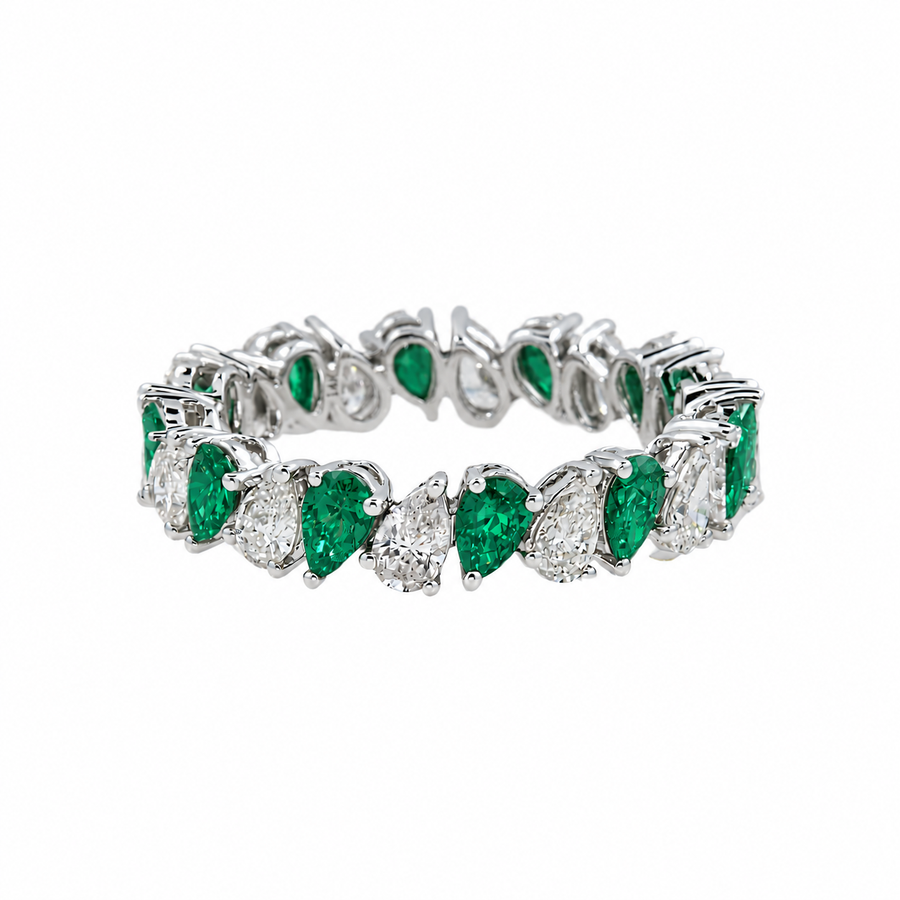 14k White Gold Pear Shaped Emerald & Lab Diamond Eternity Ring 2.84 CTW