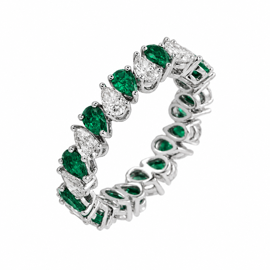 14k White Gold Pear Shaped Emerald & Lab Diamond Eternity Ring 2.84 CTW
