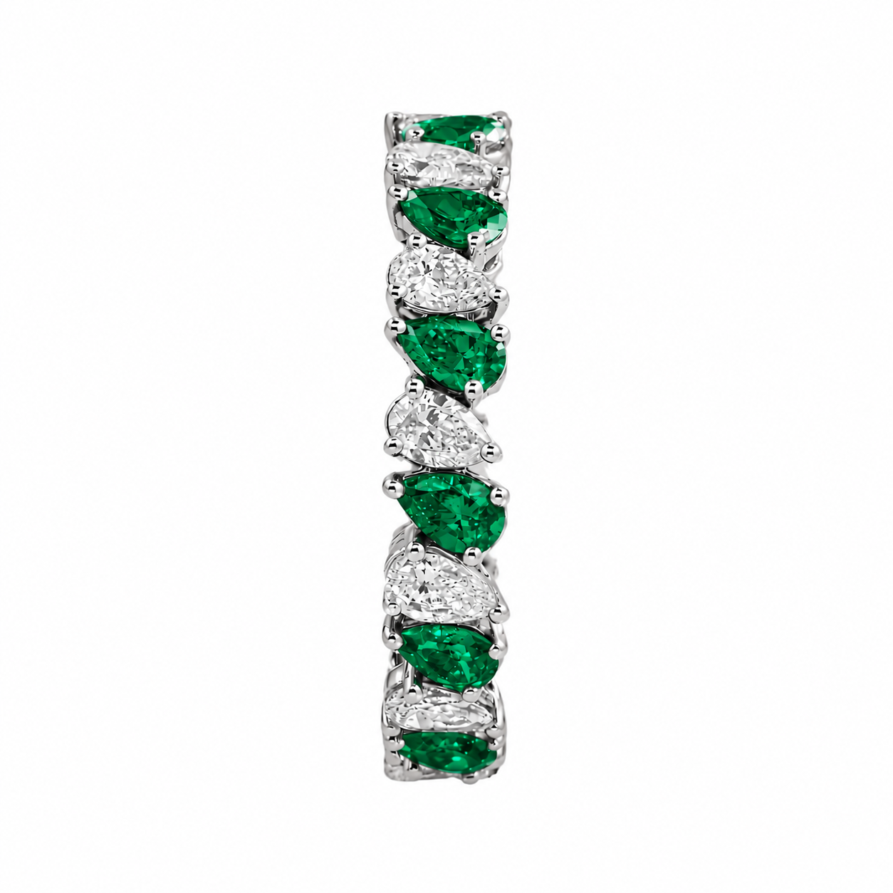14k White Gold Pear Shaped Emerald & Lab Diamond Eternity Ring 2.84 CTW