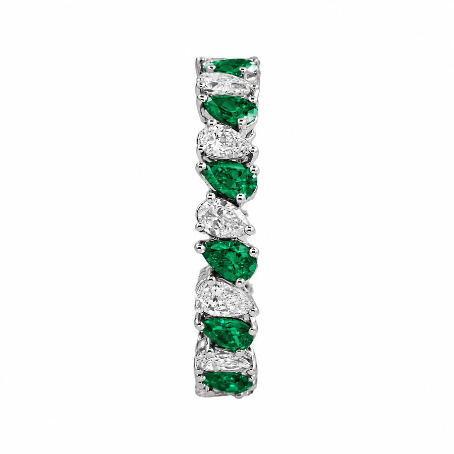 14k White Gold Pear Shaped Emerald & Lab Diamond Eternity Ring 2.84 CTW