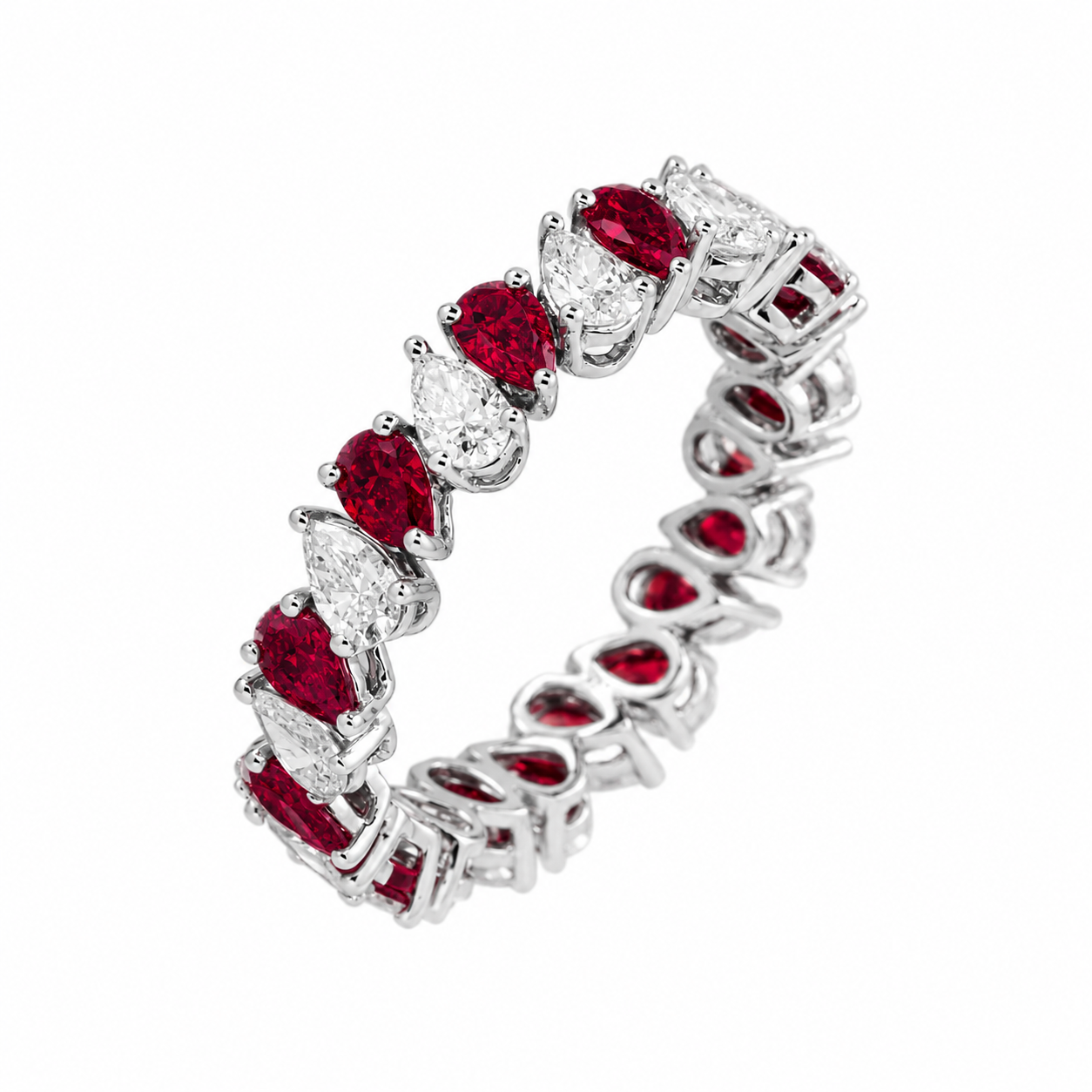 14k White Gold Pear Shaped Ruby & Lab Diamond Eternity Ring 2.84 CTW