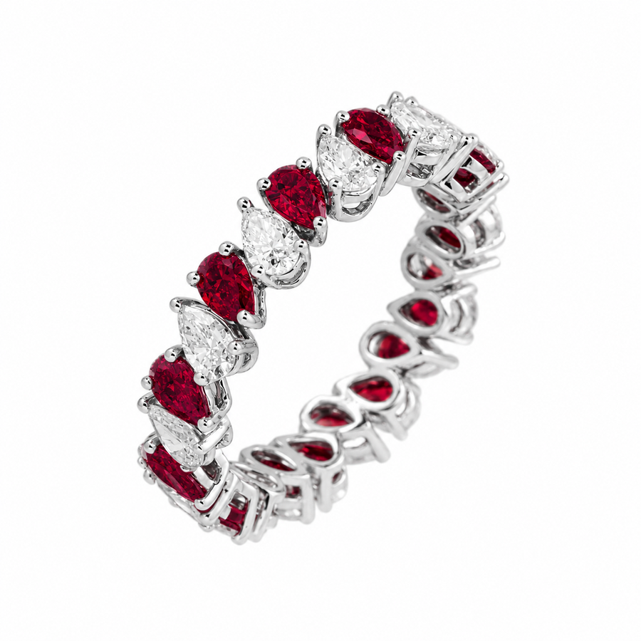 14k White Gold Pear Shaped Ruby & Lab Diamond Eternity Ring 2.84 CTW