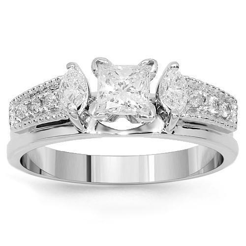 14K White Gold Princess Cut Lab Diamond Engagement Ring with Marquise Accents 0.90 Ctw
