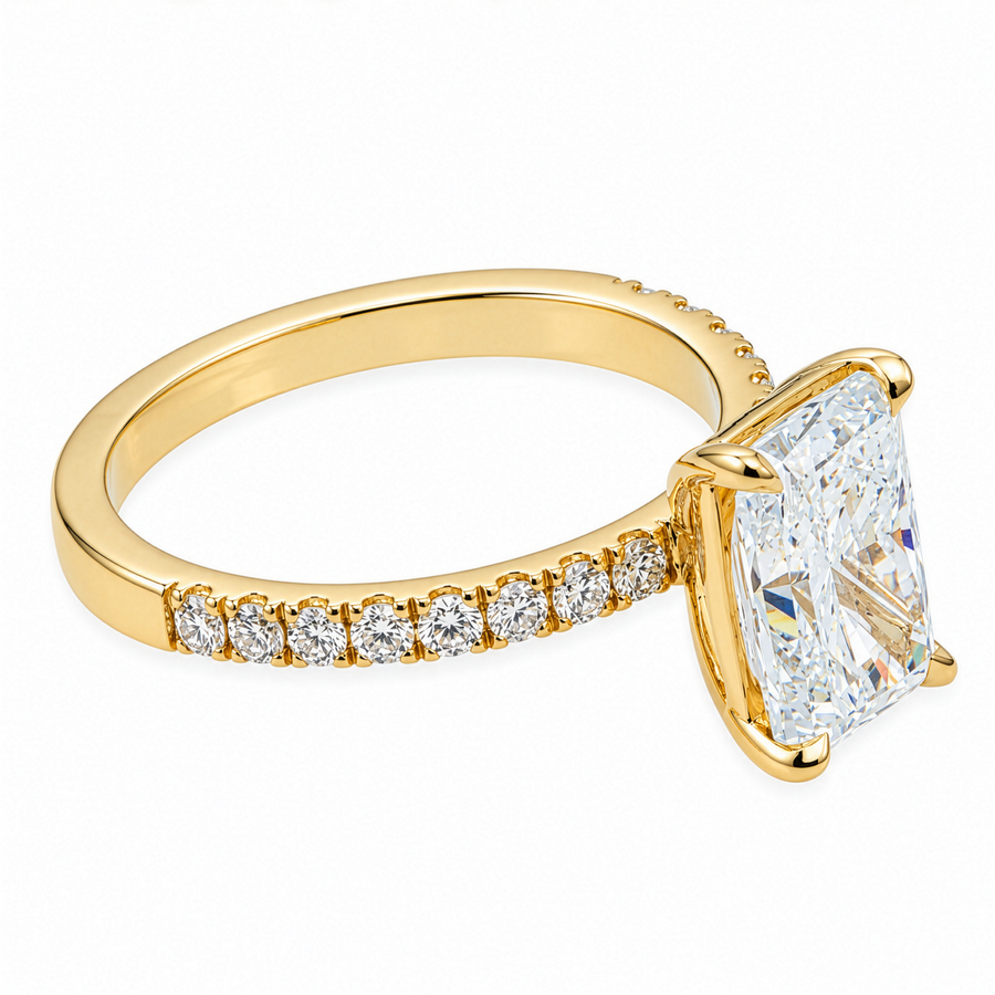 14K Yellow Gold Emerald Cut Lab Diamond Engagement Ring with Pave Band 3.04 Ctw