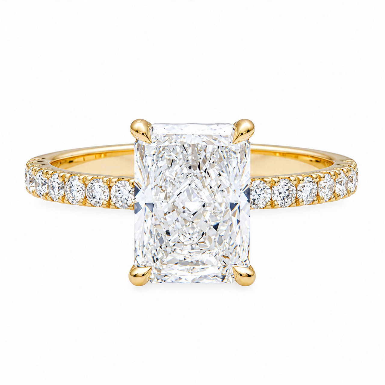 14K Yellow Gold Emerald Cut Lab Diamond Engagement Ring with Pave Band 3.04 Ctw