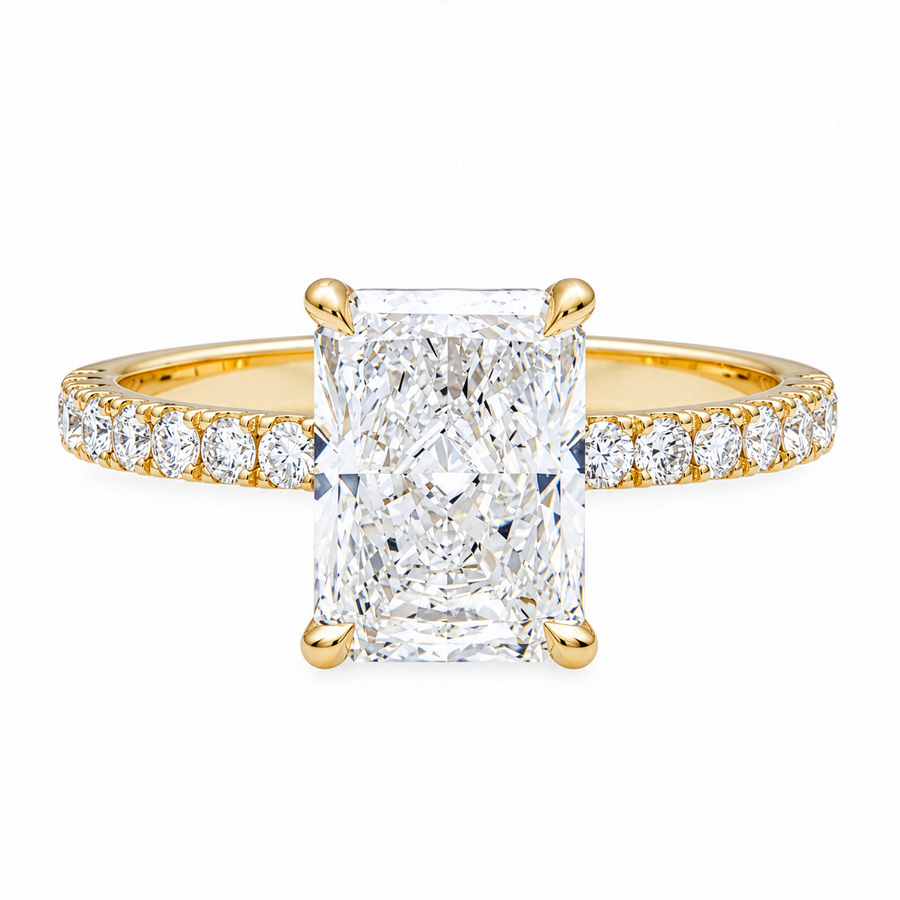 14K Yellow Gold Emerald Cut Lab Diamond Engagement Ring with Pave Band 3.04 Ctw