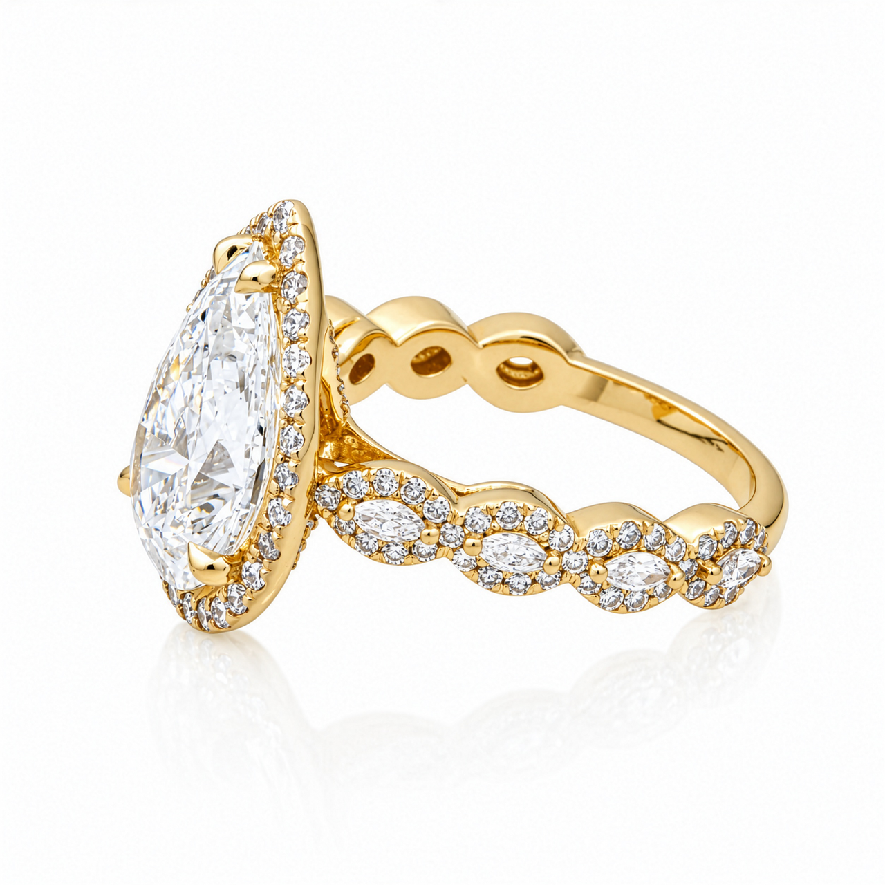 14K Yellow Gold Pear Halo Lab Diamond Engagement Ring with Scalloped Band 4.95 Ctw