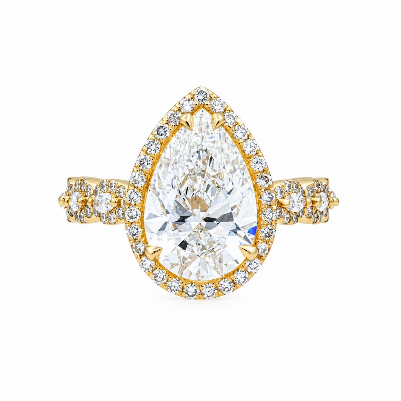 14K Yellow Gold Pear Halo Lab Diamond Engagement Ring with Scalloped Band 4.95 Ctw