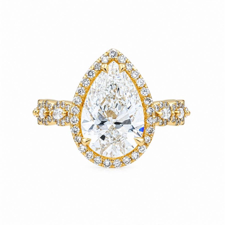 14K Yellow Gold Pear Halo Lab Diamond Engagement Ring with Scalloped Band 4.95 Ctw