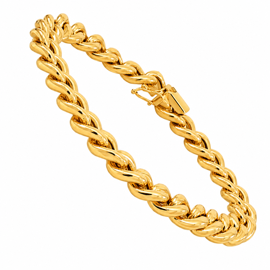 14K Yellow Gold Hollow Mens Cuban Bracelet 9 mm