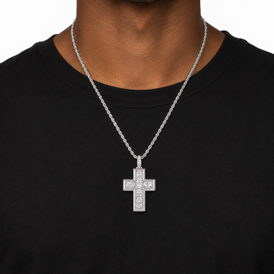 14K Gold Radiant Cut Lab Diamond Cross Pendant – 7.85 CTW