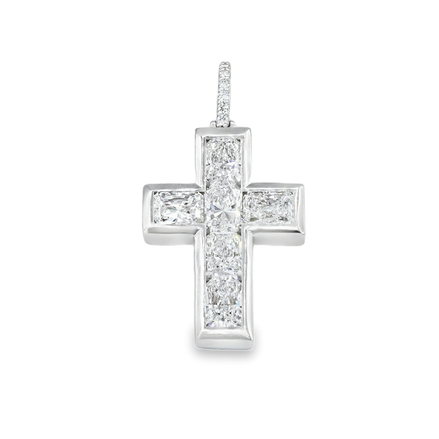 14K Gold Radiant Cut Lab Diamond Cross Pendant – 7.85 CTW