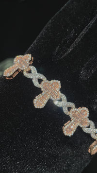 10k Two Tone Rose and White Gold Baguette Diamond Cross Infinity Link Bracelet 7.76 ctw