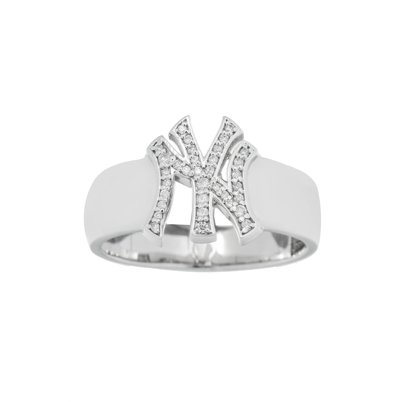 10K Solid White Gold Mens Diamond Yankees Ring 0.12 Ctw