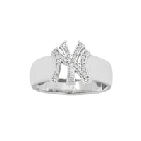 Thumbnail for 10K Solid White Gold Mens Diamond Yankees Ring 0.12 Ctw
