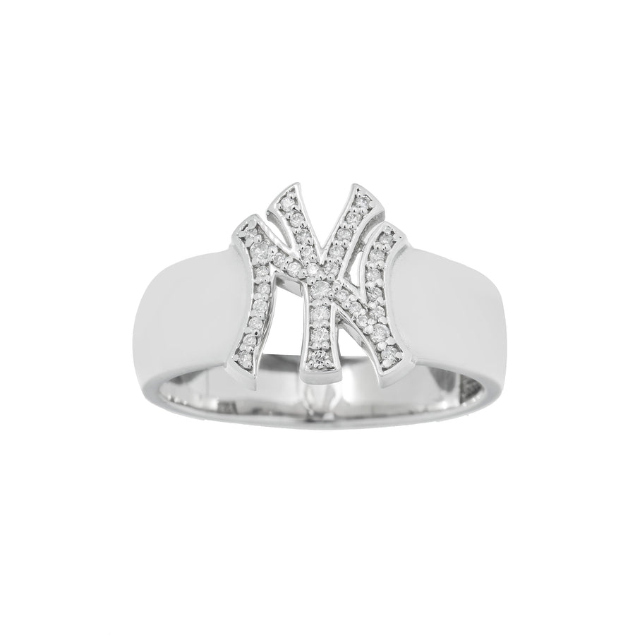 10K Solid White Gold Mens Diamond Yankees Ring 0.12 Ctw