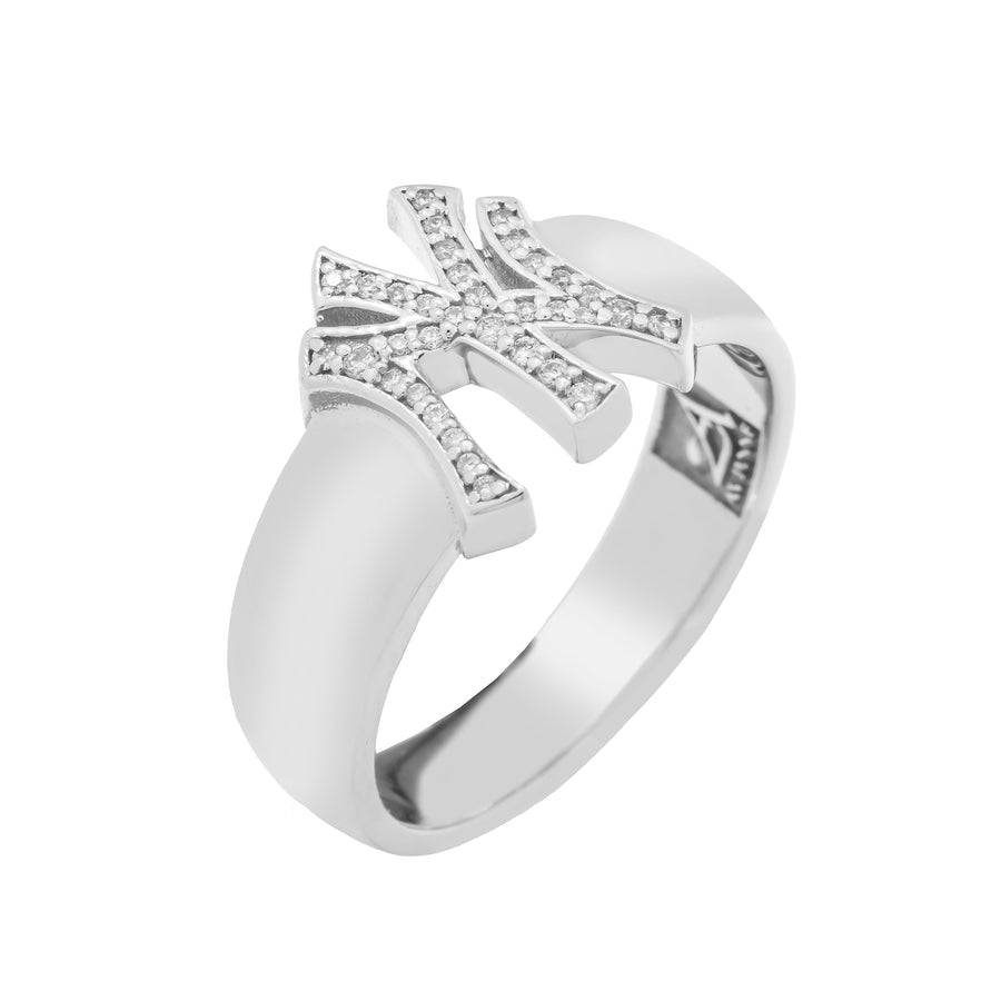 10K Solid White Gold Mens Diamond Yankees Ring 0.12 Ctw