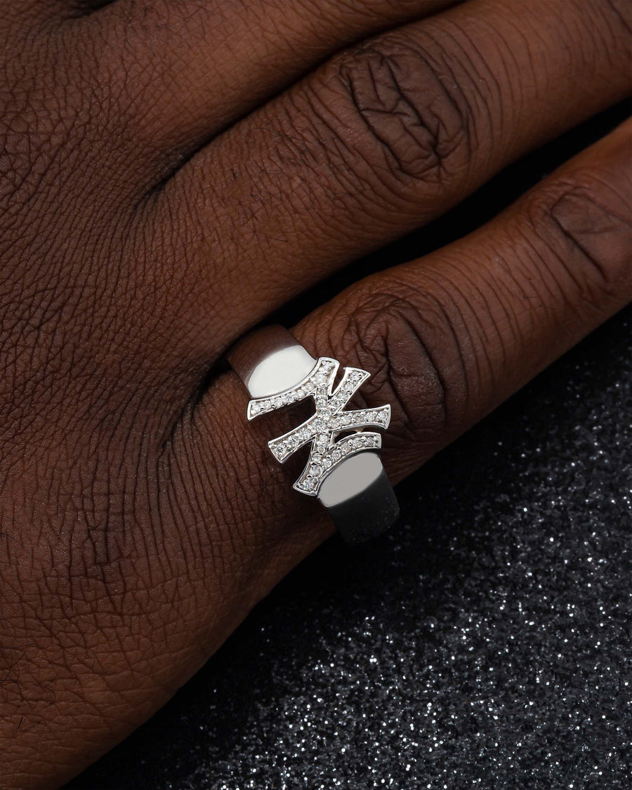 10K Solid White Gold Mens Diamond Yankees Ring 0.12 Ctw