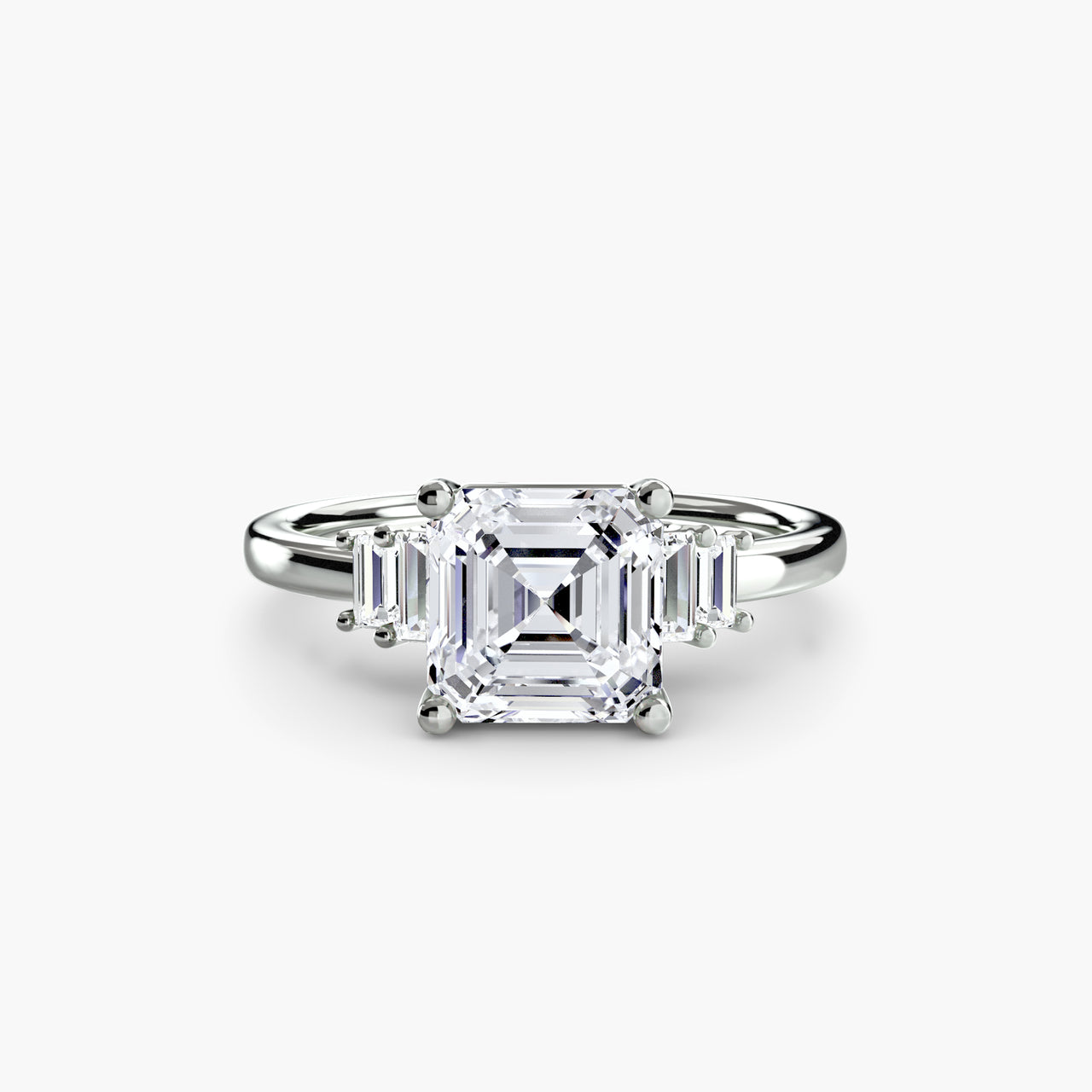 14K White Gold / Asscher Baguette Accent Solitaire