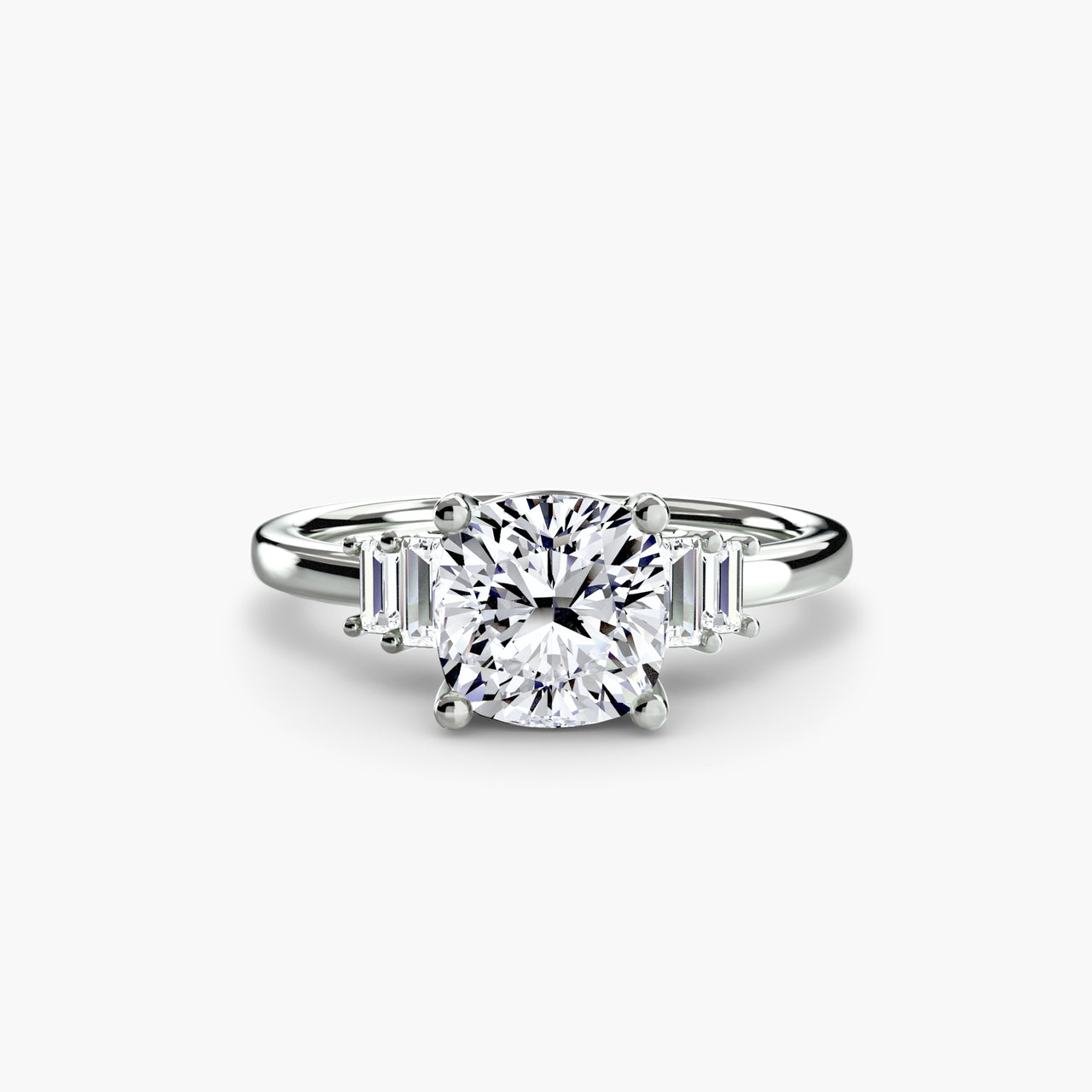14K White Gold / Cushion Baguette Accent Solitaire