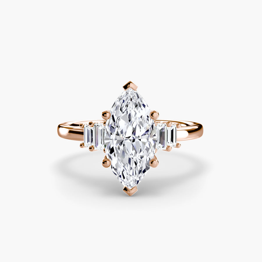 14K Rose Gold / Marquise Baguette Accent Solitaire