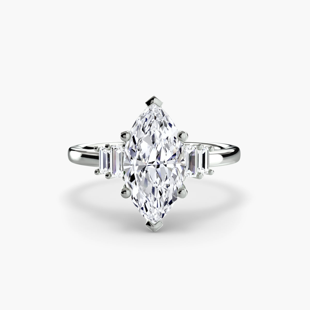 14K White Gold / Marquise Baguette Accent Solitaire
