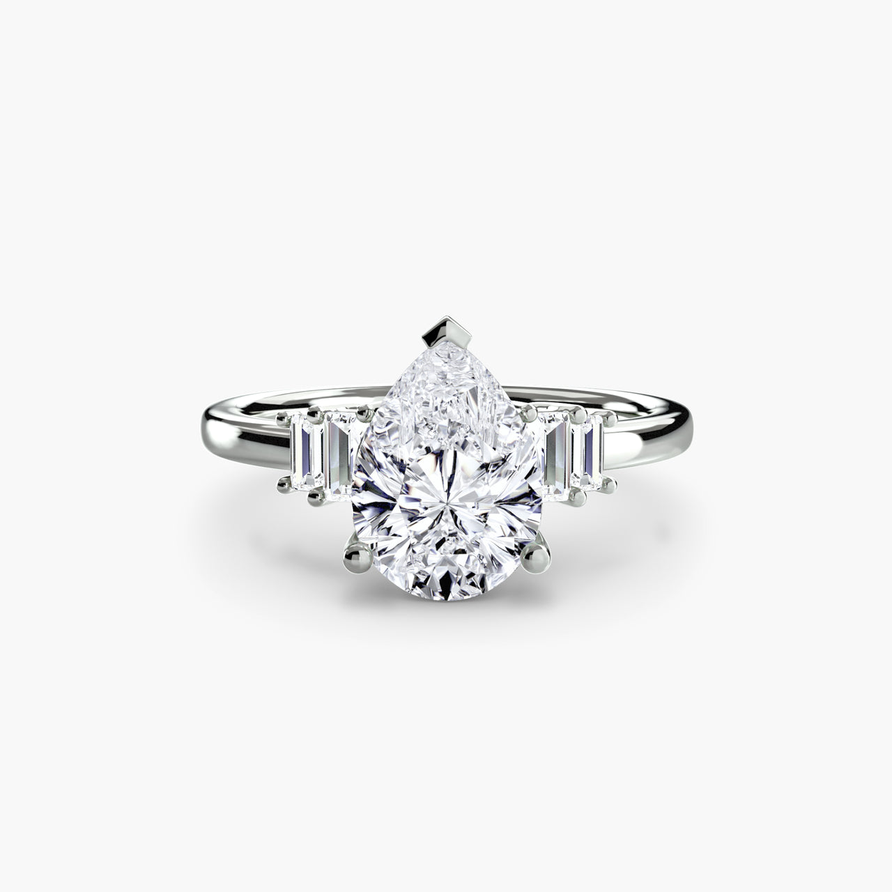 14K White Gold / Pear Baguette Accent Solitaire