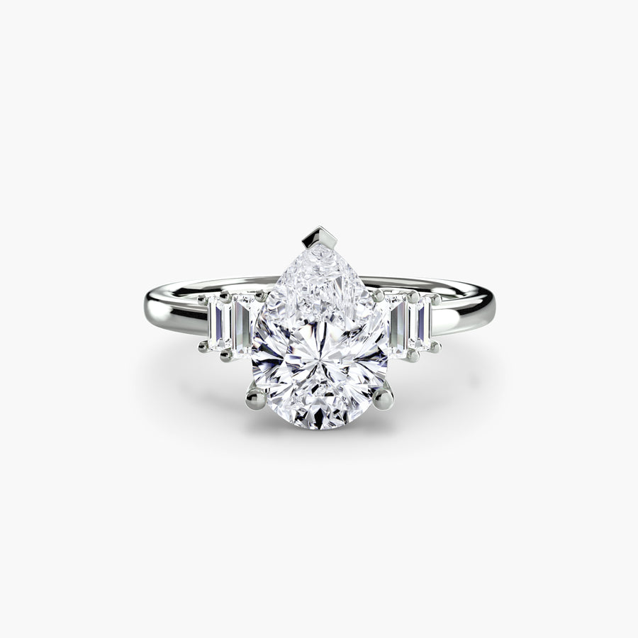 14K White Gold / Pear Baguette Accent Solitaire
