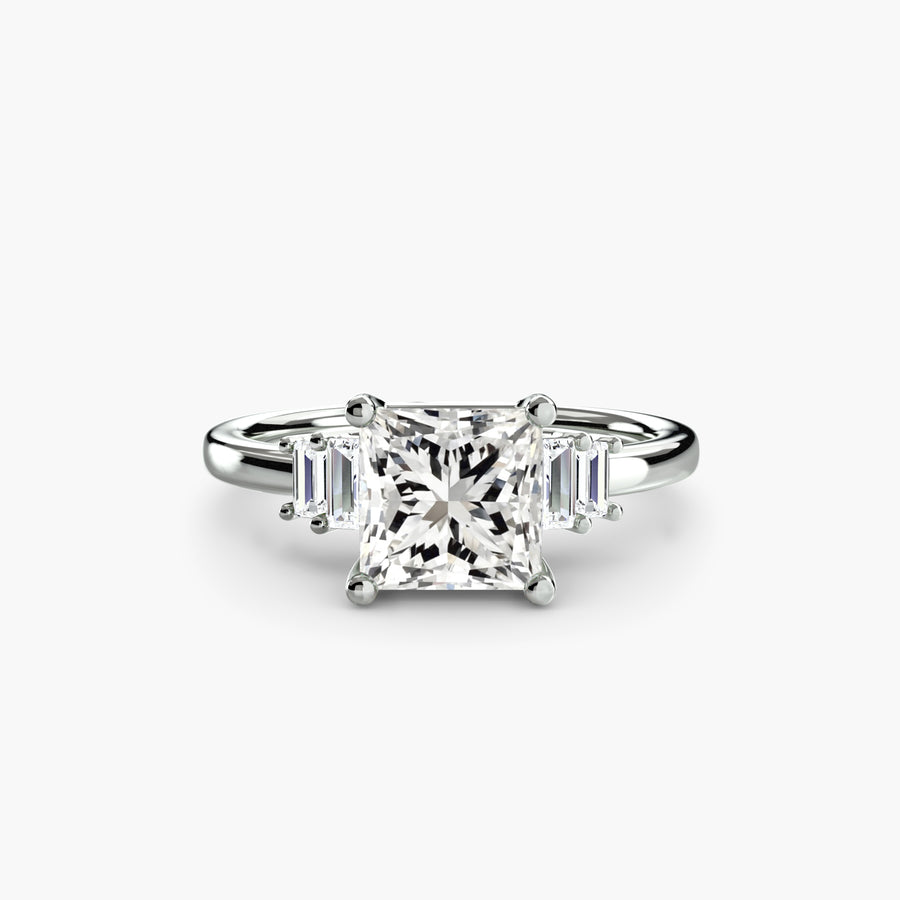 14K White Gold / Princess Baguette Accent Solitaire