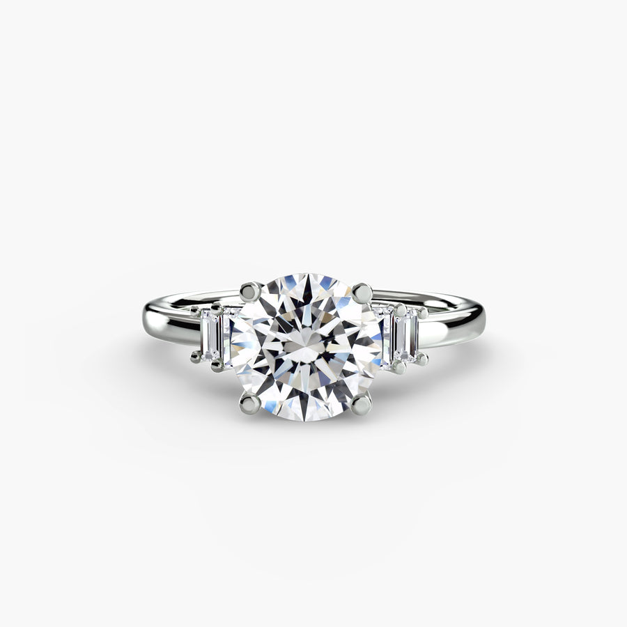 14K White Gold / Round Baguette Accent Solitaire