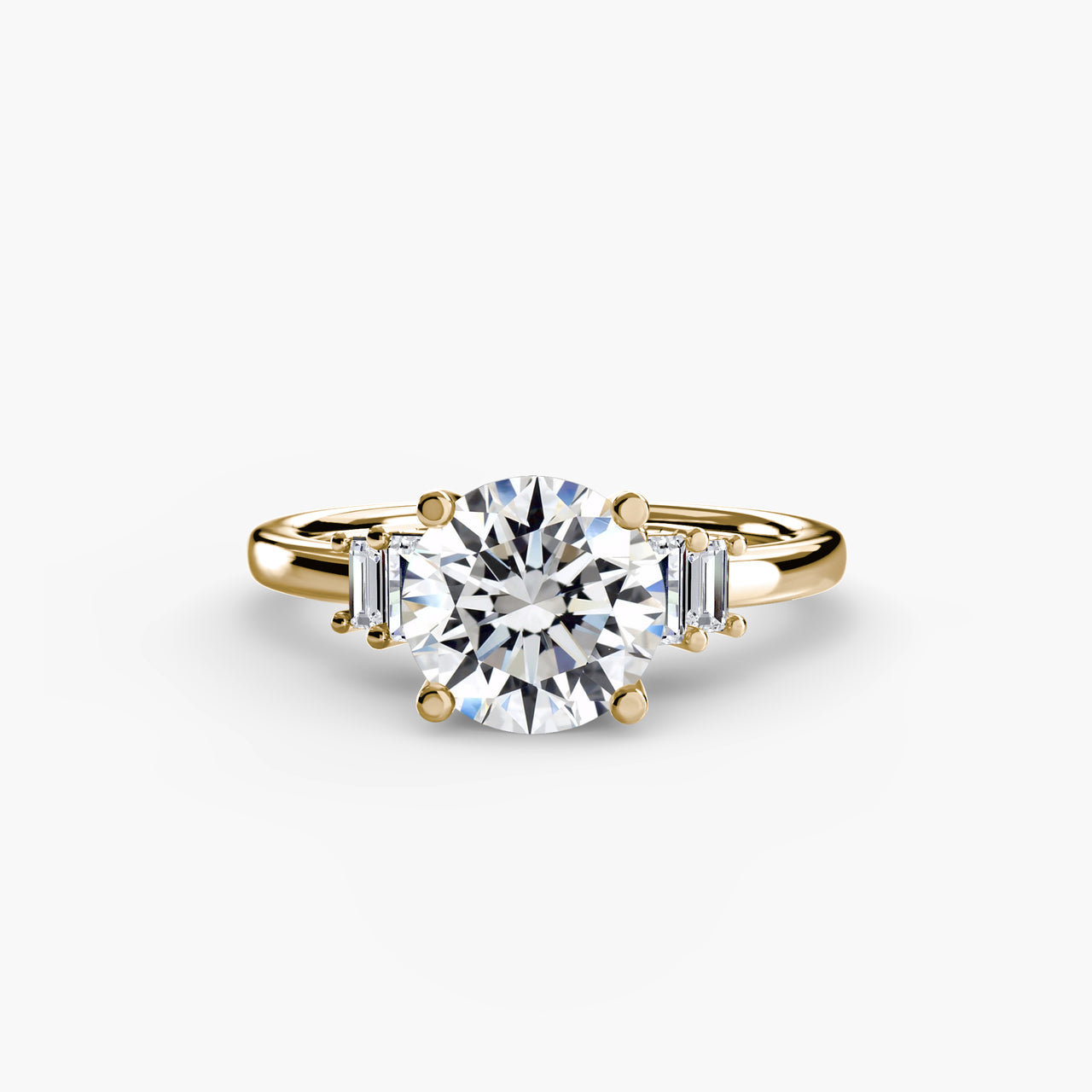 14K Yellow Gold / Round Baguette Accent Solitaire