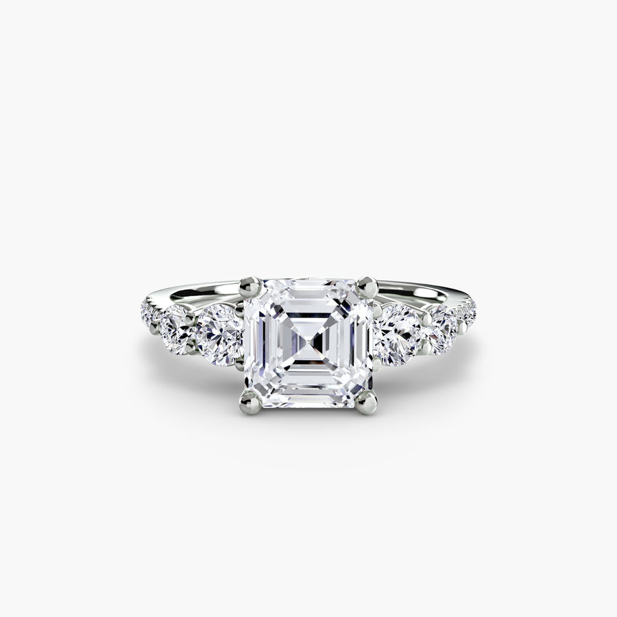 14K White Gold / Asscher Five Stone Ring with Pavé Band