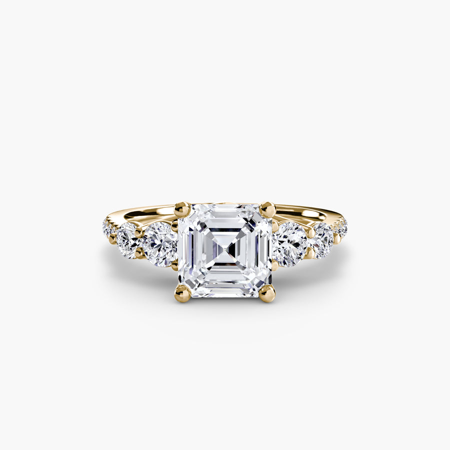 14K Yellow Gold / Asscher Five Stone Ring with Pavé Band