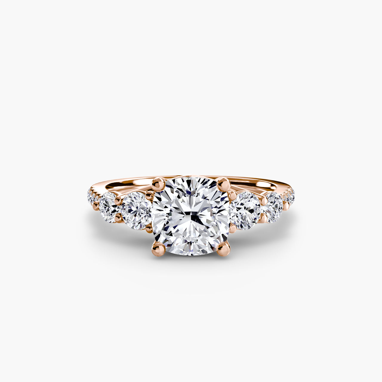 14K Rose Gold / Cushion Five Stone Ring with Pavé Band