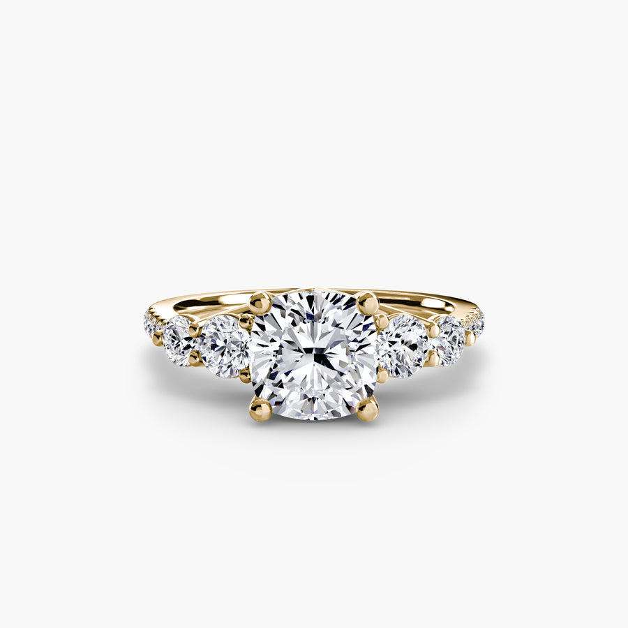 14K Yellow Gold / Cushion Five Stone Ring with Pavé Band