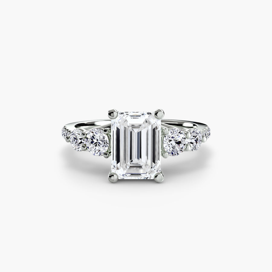 14K White Gold / Emerald Five Stone Ring with Pavé Band