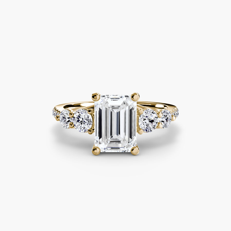 14K Yellow Gold / Emerald Five Stone Ring with Pavé Band