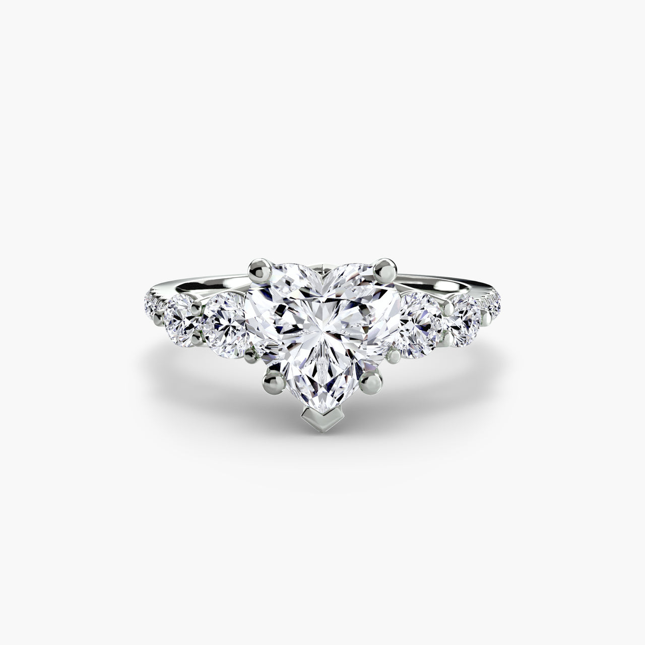 14K White Gold / Heart Five Stone Ring with Pavé Band