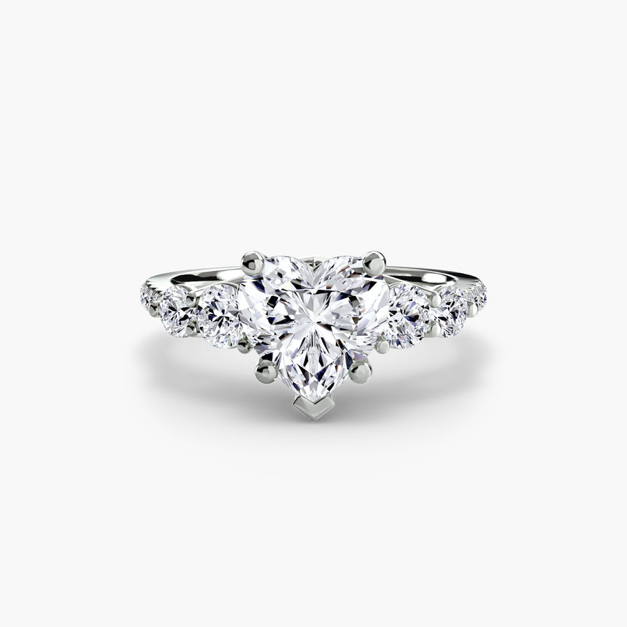 14K White Gold / Heart Five Stone Ring with Pavé Band