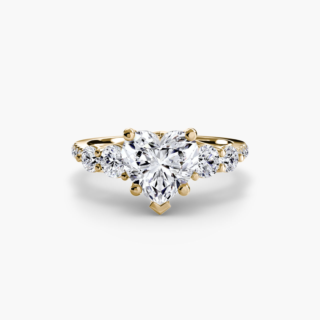 14K Yellow Gold / Heart Five Stone Ring with Pavé Band