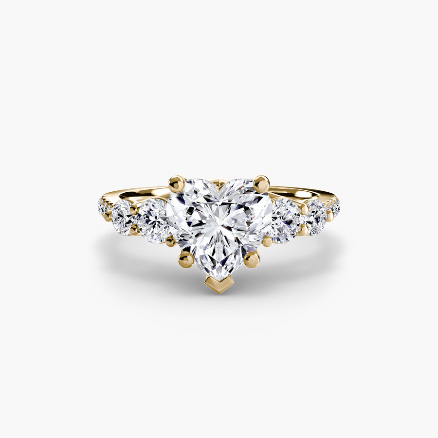 14K Yellow Gold / Heart Five Stone Ring with Pavé Band