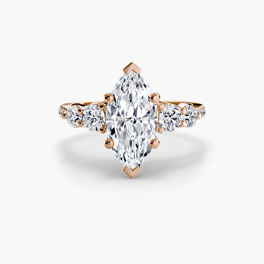 14K Rose Gold / Marquise Five Stone Ring with Pavé Band