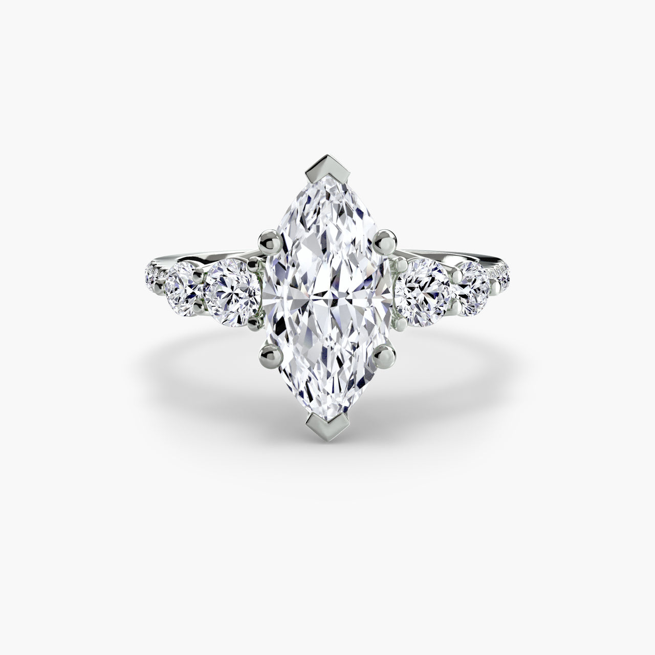 14K White Gold / Marquise Five Stone Ring with Pavé Band