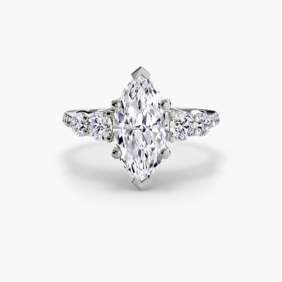 14K White Gold / Marquise Five Stone Ring with Pavé Band