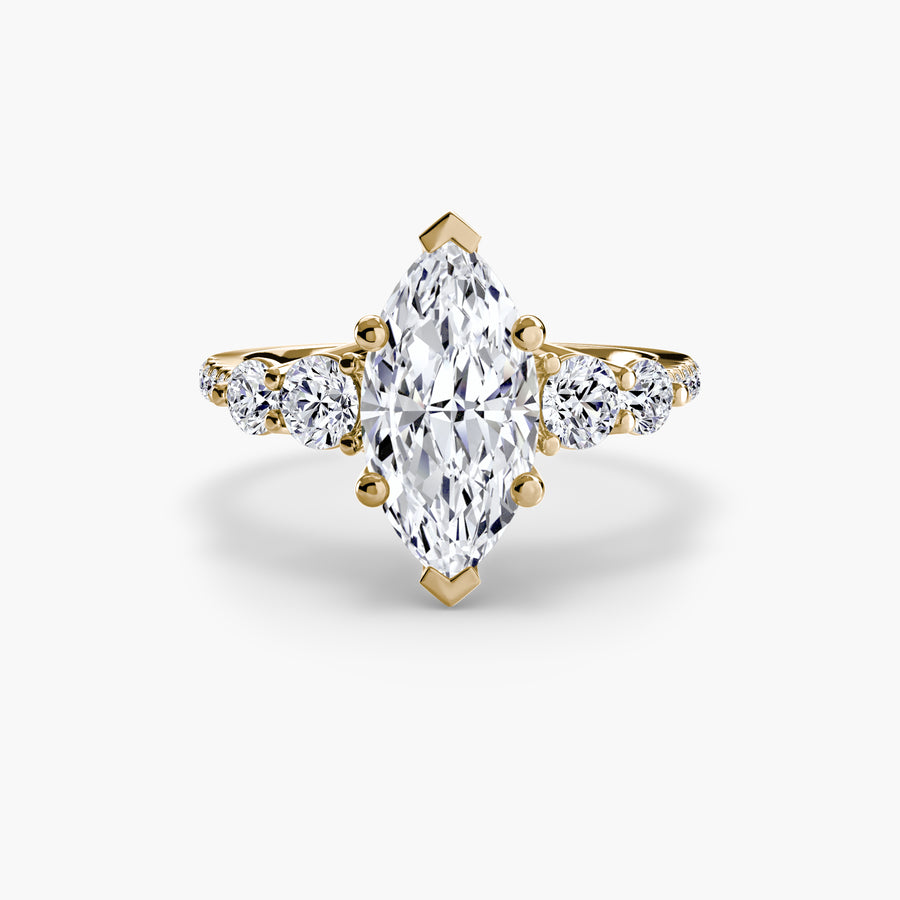 14K Yellow Gold / Marquise Five Stone Ring with Pavé Band
