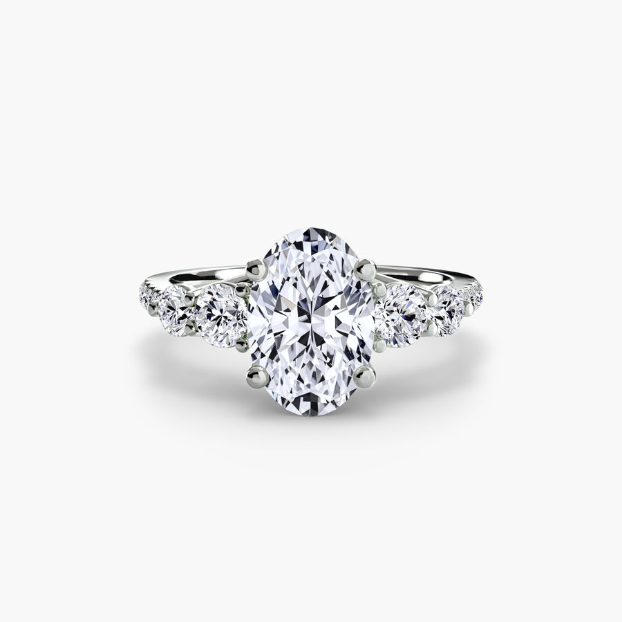 14K White Gold / Oval Five Stone Ring with Pavé Band