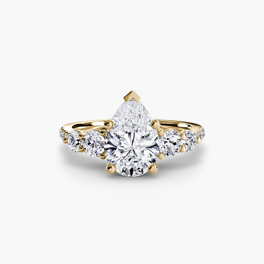 14K Yellow Gold / Pear Five Stone Ring with Pavé Band