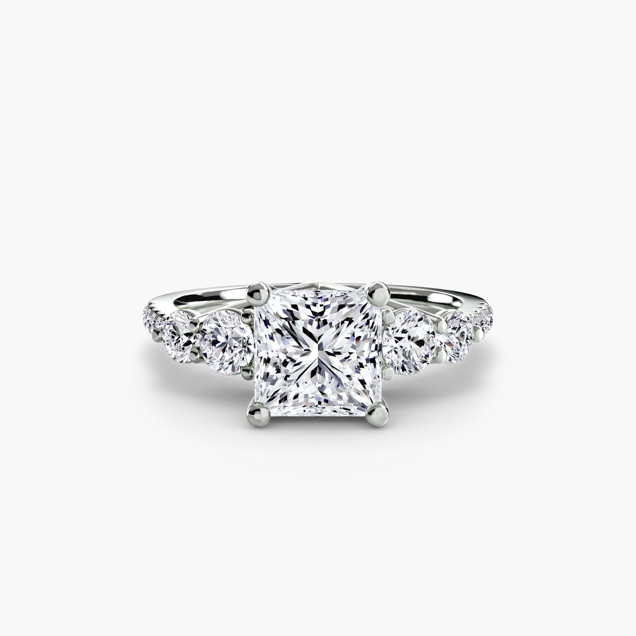 14K White Gold / Princess Five Stone Ring with Pavé Band